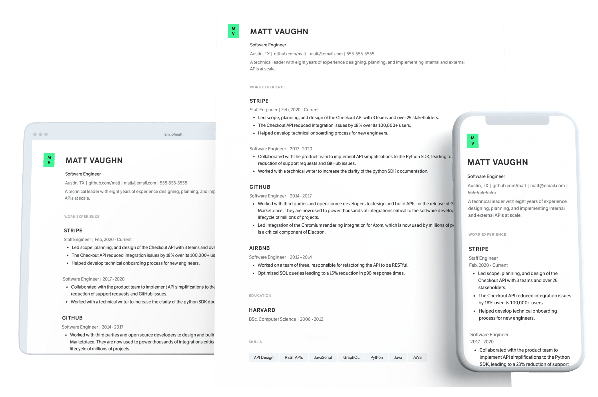 Software Engineer PDF resume template and web resume