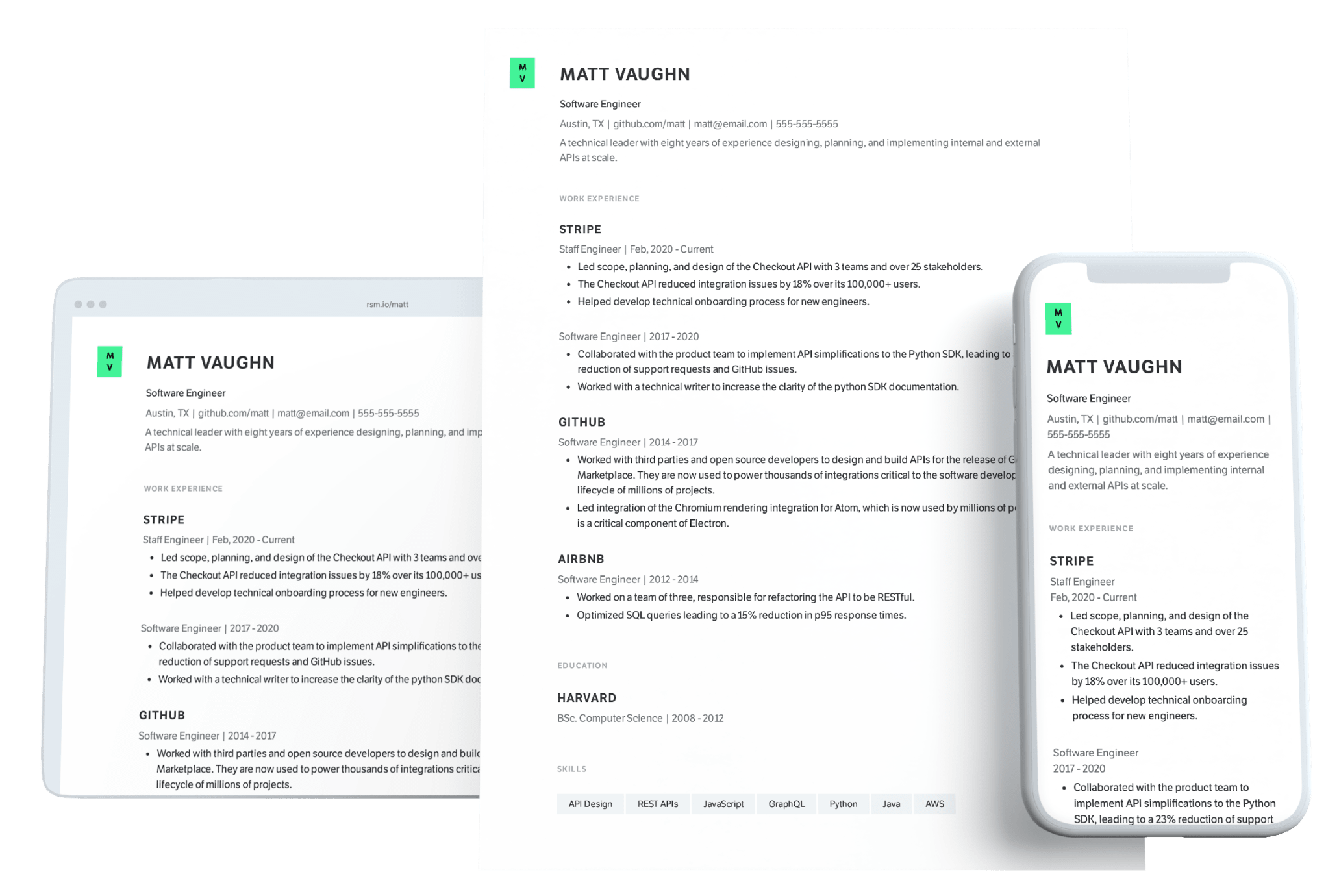 Software Engineer PDF resume template and web resume
