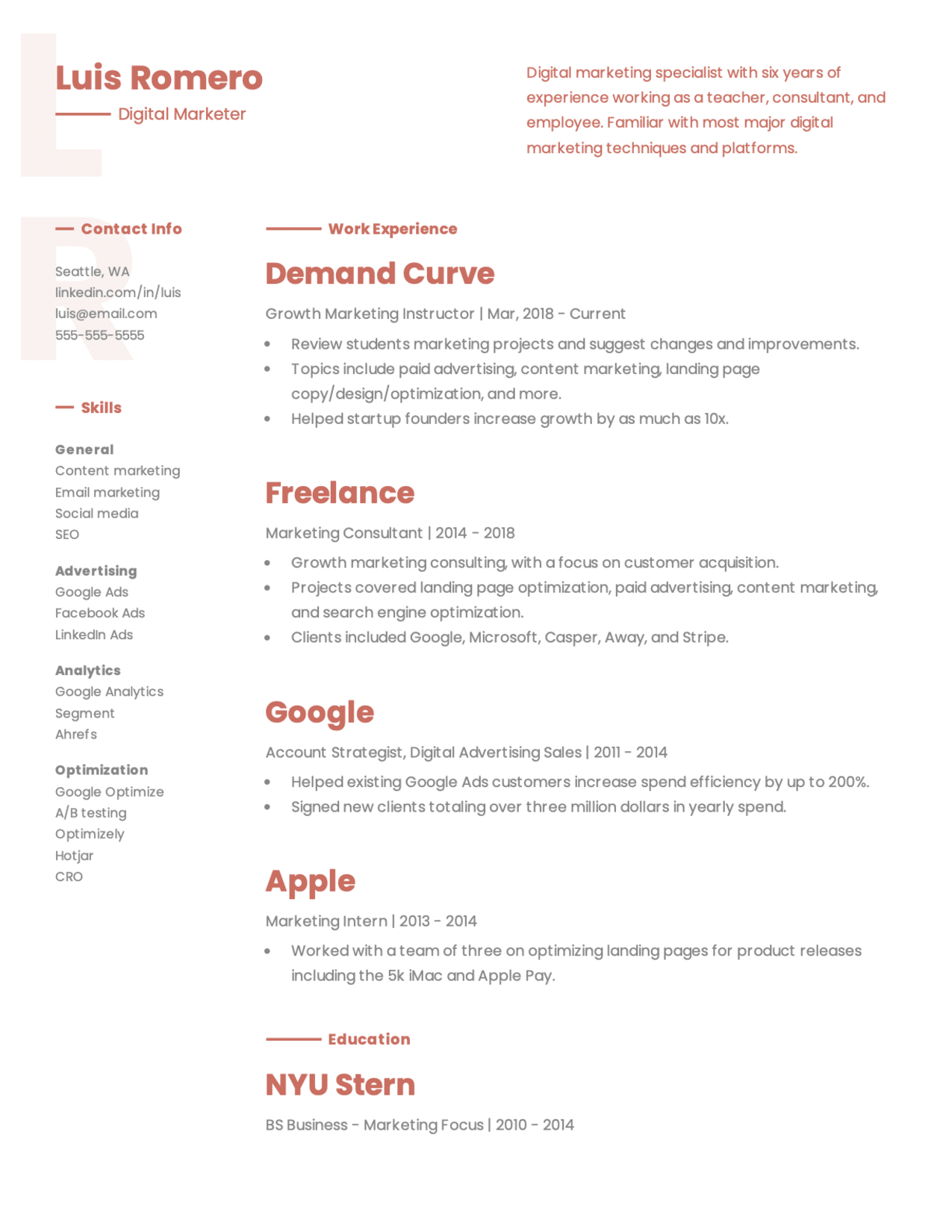 Modern Digital Marketer resume sample.