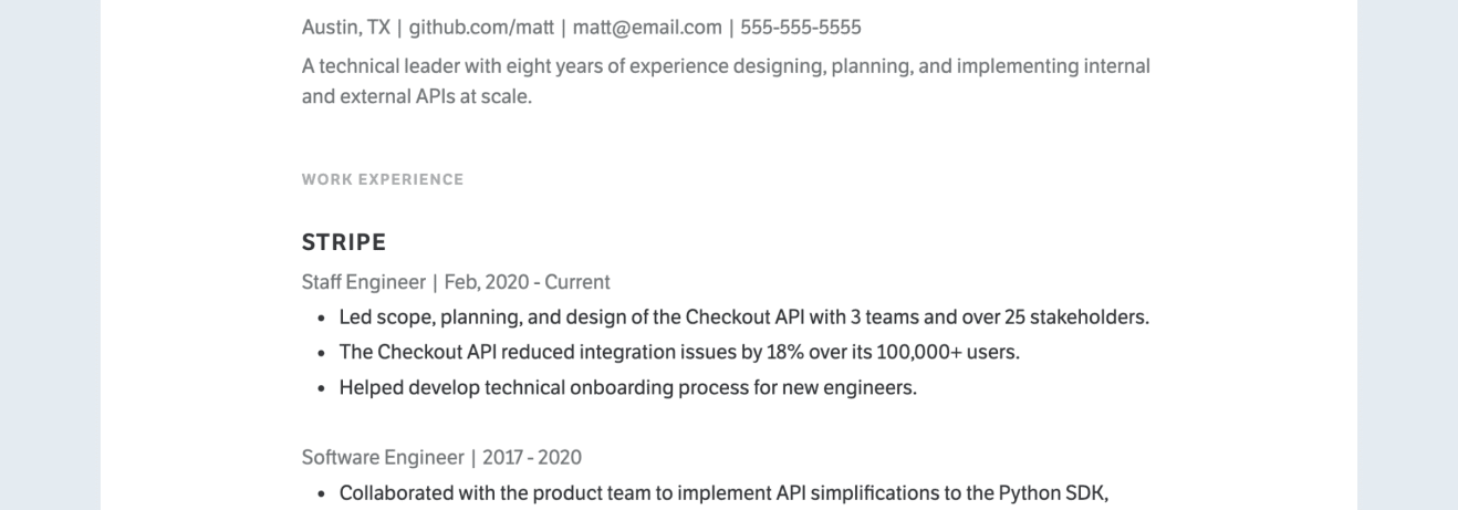 A web resume, built by Standard Resume