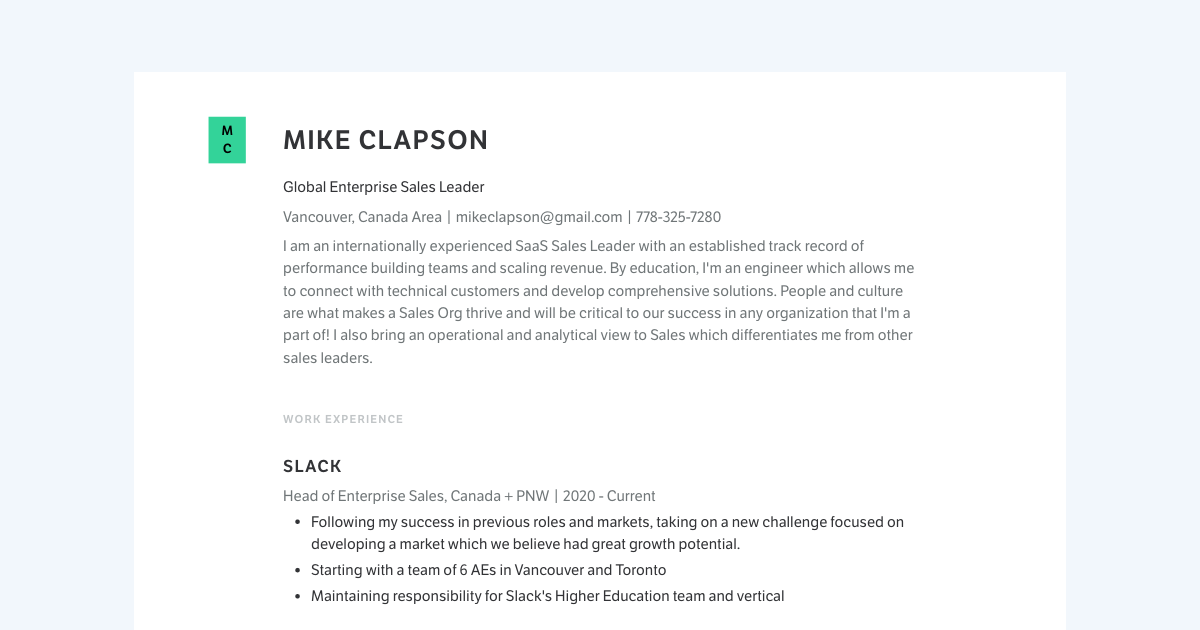 Global Enterprise Sales Leader resume template sample made with Standard Resume