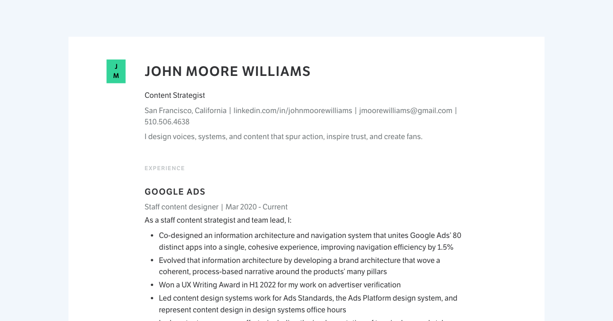 Content Strategist resume template sample made with Standard Resume