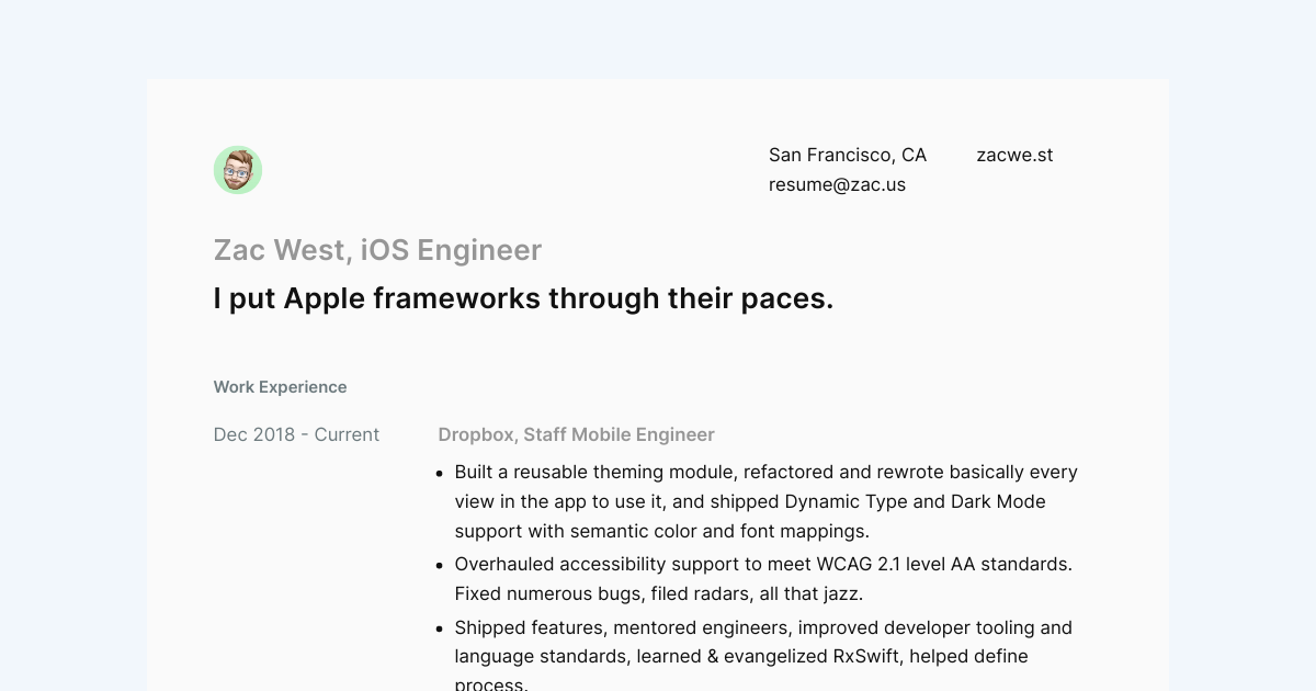 Senior iOS Engineer resume template sample made with Standard Resume