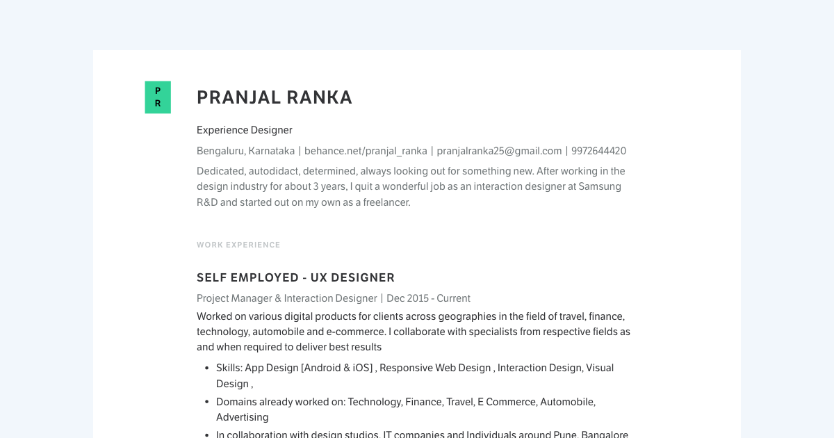 Experience Designer resume template sample made with Standard Resume