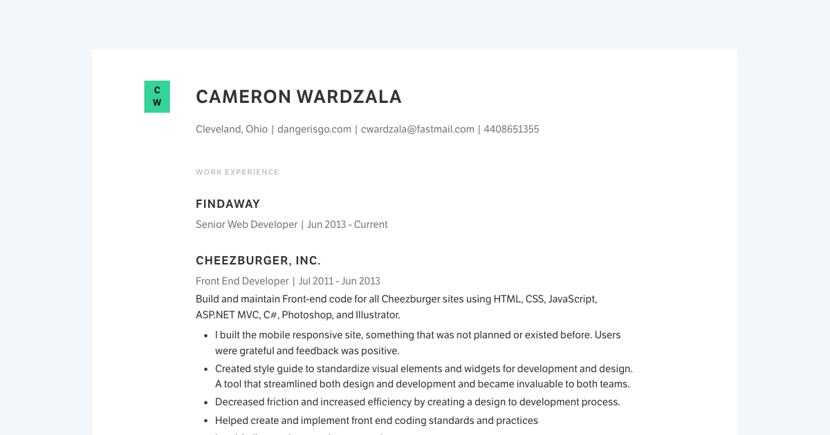 Senior Web Developer resume template sample made with Standard Resume