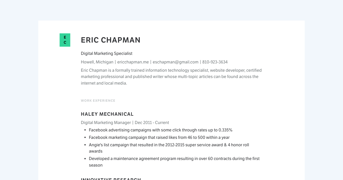 Digital Marketing Specialist resume template sample made with Standard Resume