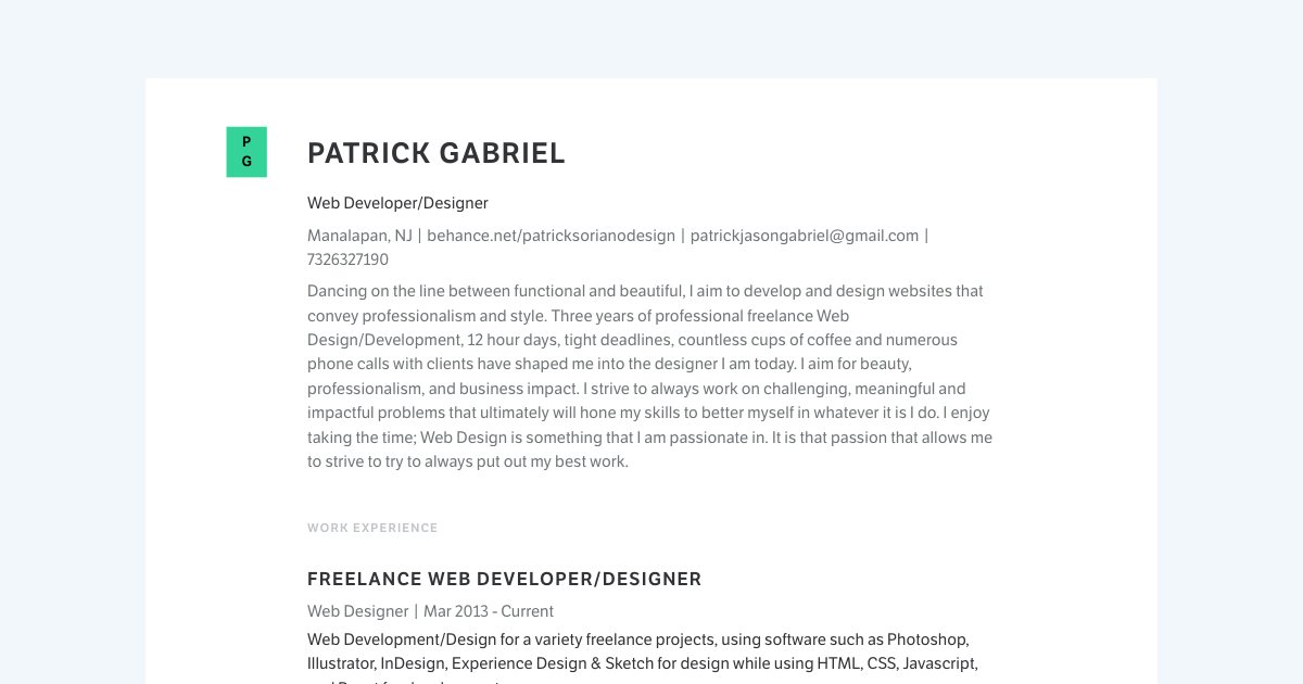 Web Developer & Designer resume template sample made with Standard Resume