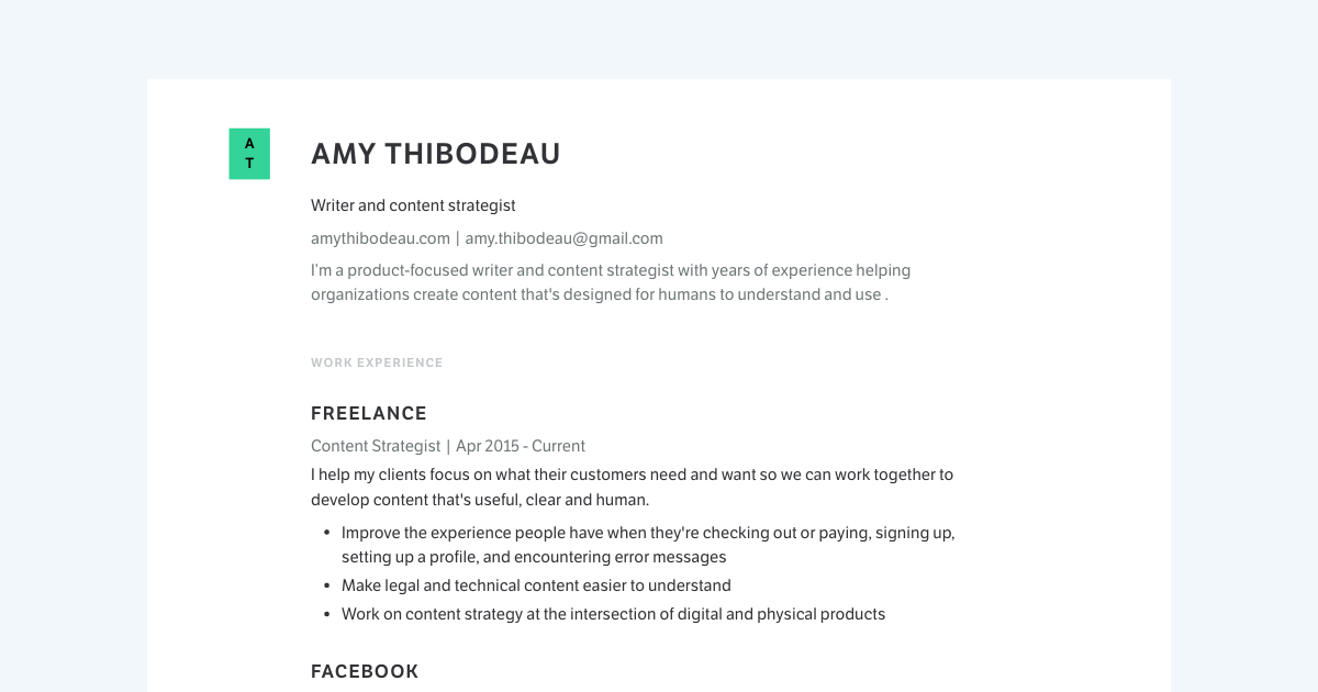 Writer & Content Strategist resume template sample made with Standard Resume