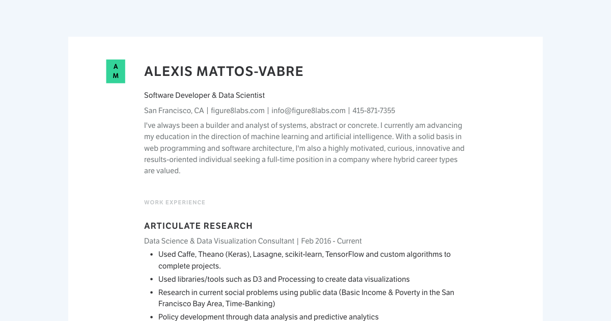 Software Developer & Data Scientist resume template sample made with Standard Resume