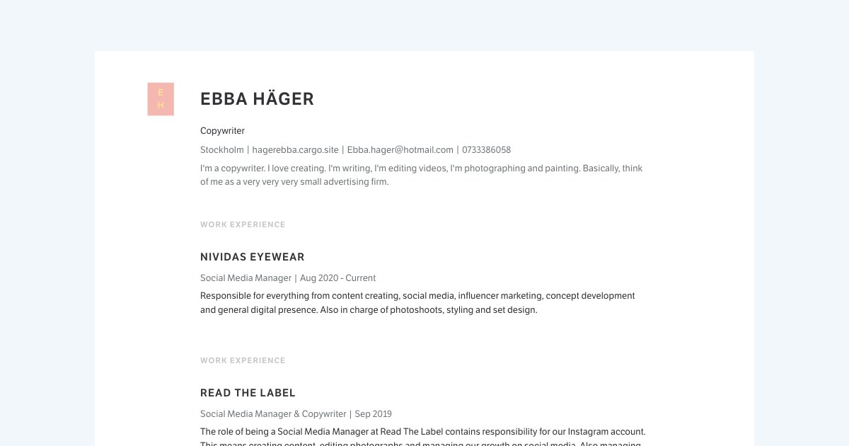 Copywriter resume template sample made with Standard Resume