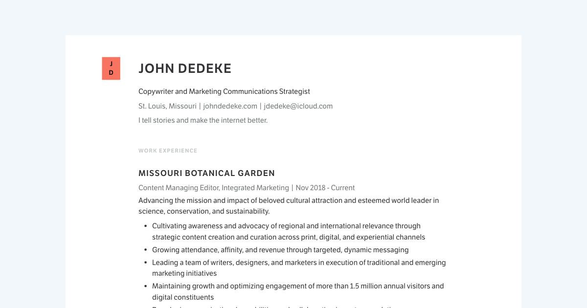 Copywriter & Content Strategist resume template sample made with Standard Resume