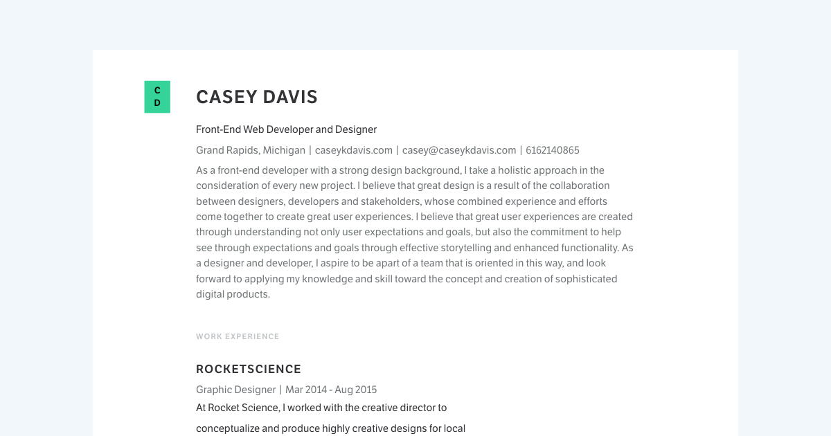 Front End Web Developer & Designer resume template sample made with Standard Resume