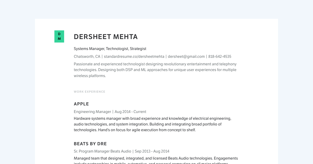 Engineering Manager at Apple resume template sample made with Standard Resume