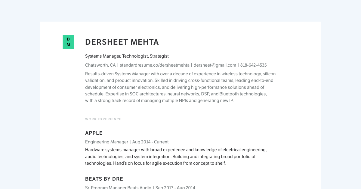 Engineering Manager at Apple resume template sample made with Standard Resume