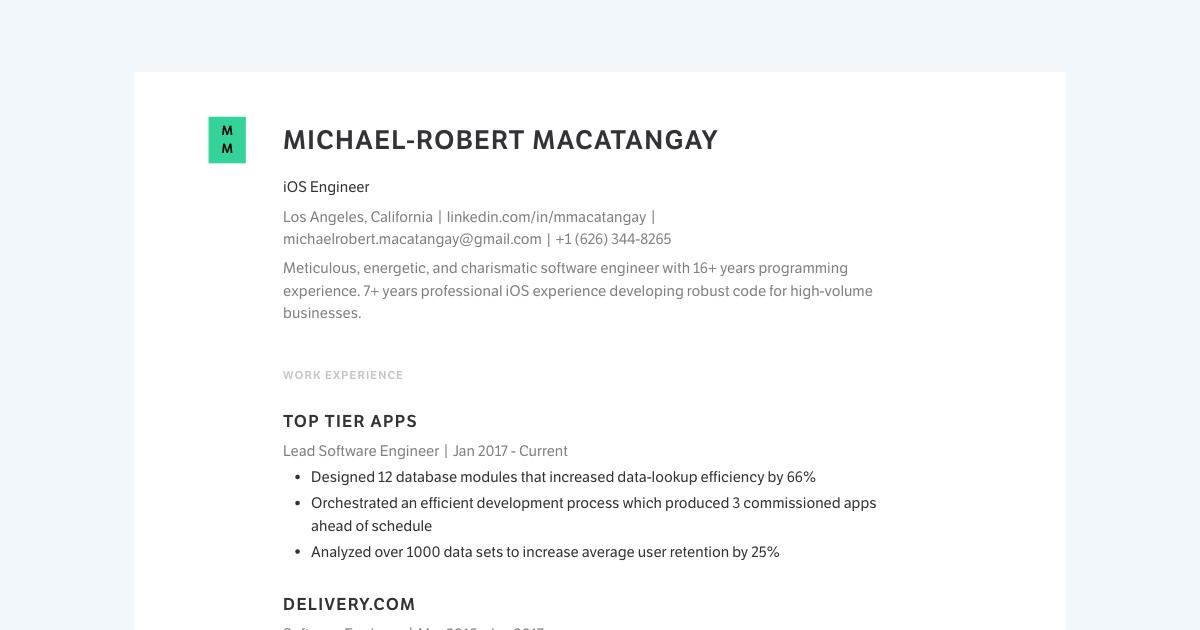 iOS Engineer resume template sample made with Standard Resume