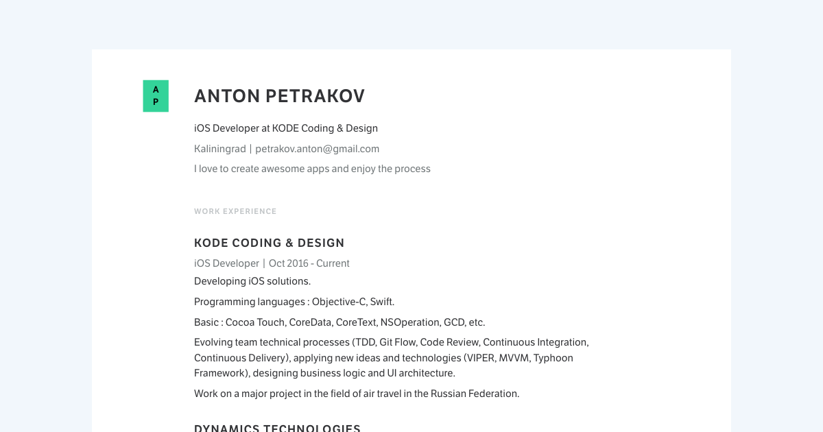 iOS Developer resume template sample made with Standard Resume