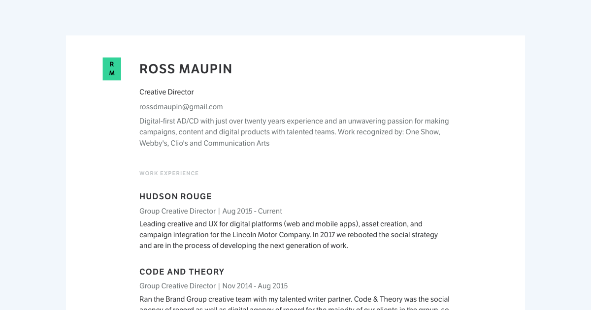 Creative Director resume template sample made with Standard Resume