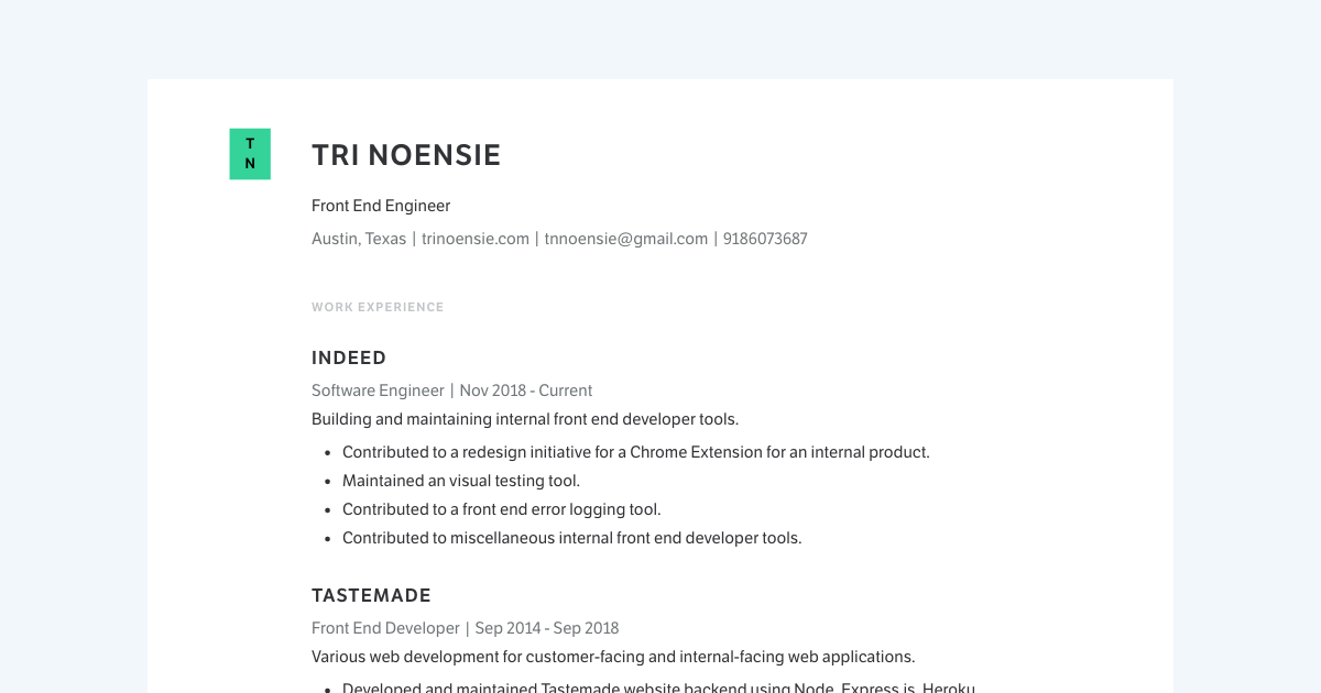 Senior Front End Engineer resume template sample made with Standard Resume