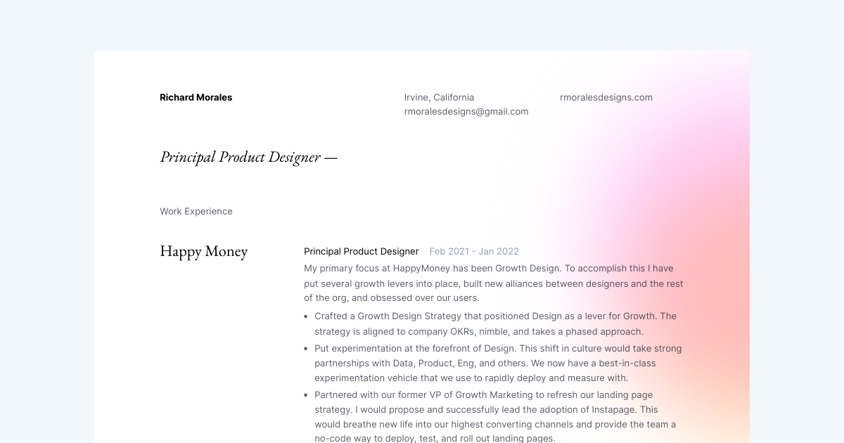 Senior Product Designer resume template sample made with Standard Resume