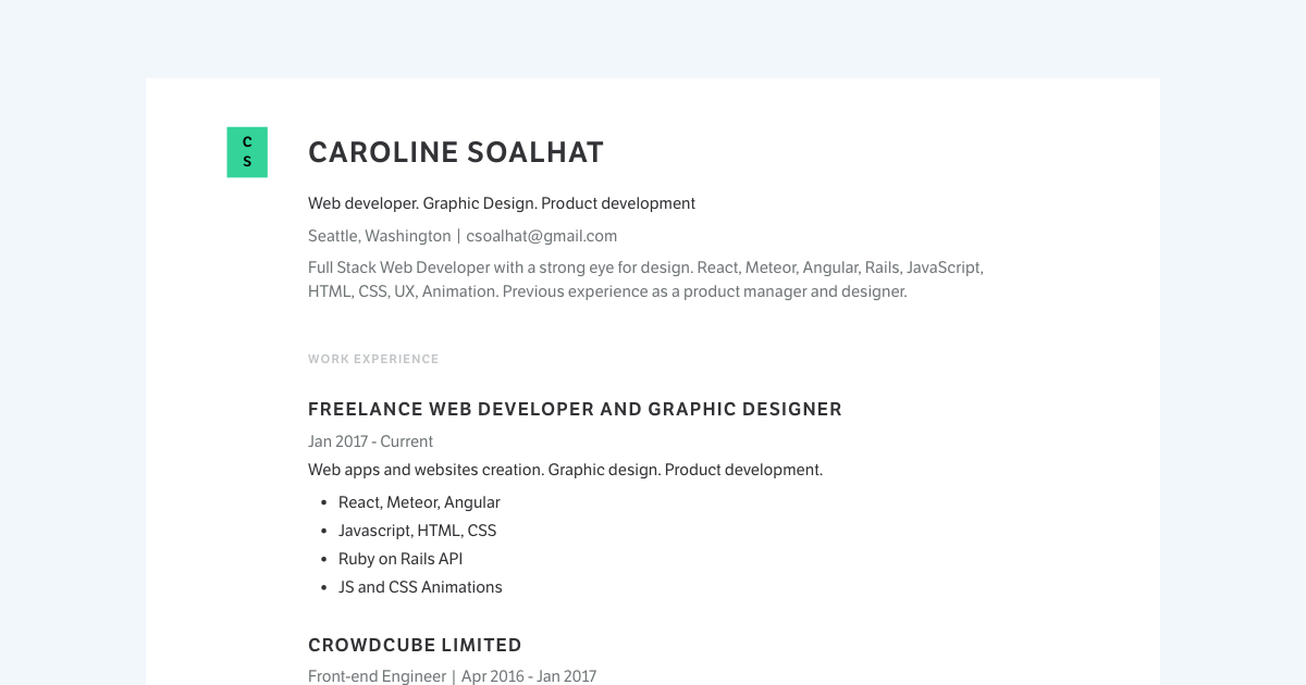 Web Developer & Graphic Designer resume template sample made with Standard Resume