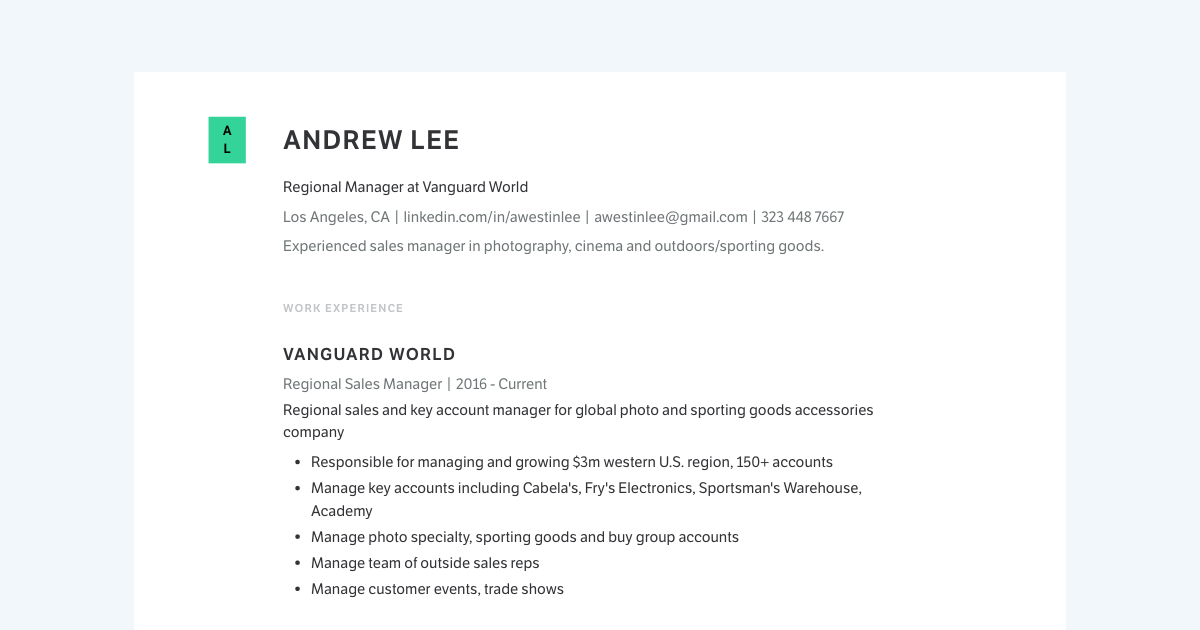 Regional Manager resume template sample made with Standard Resume