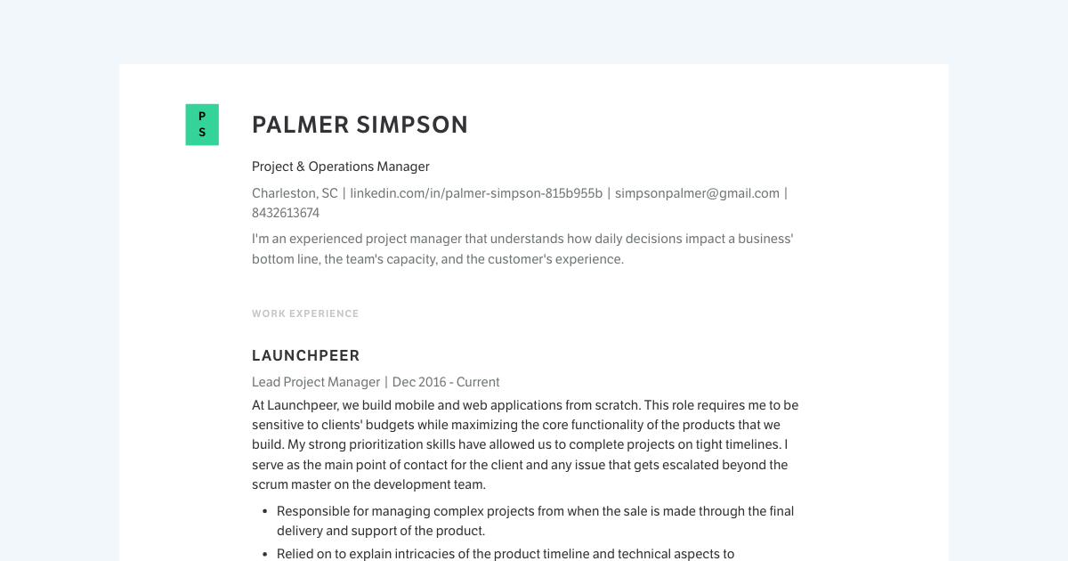 Project & Operations Manager resume template sample made with Standard Resume