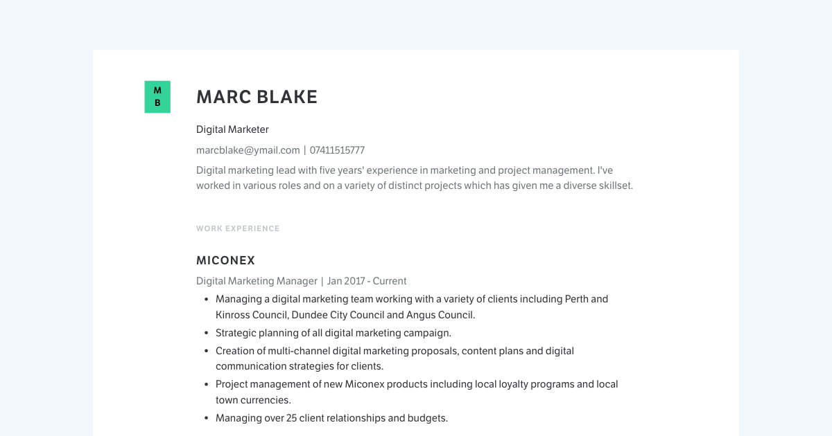 Digital Marketer resume template sample made with Standard Resume