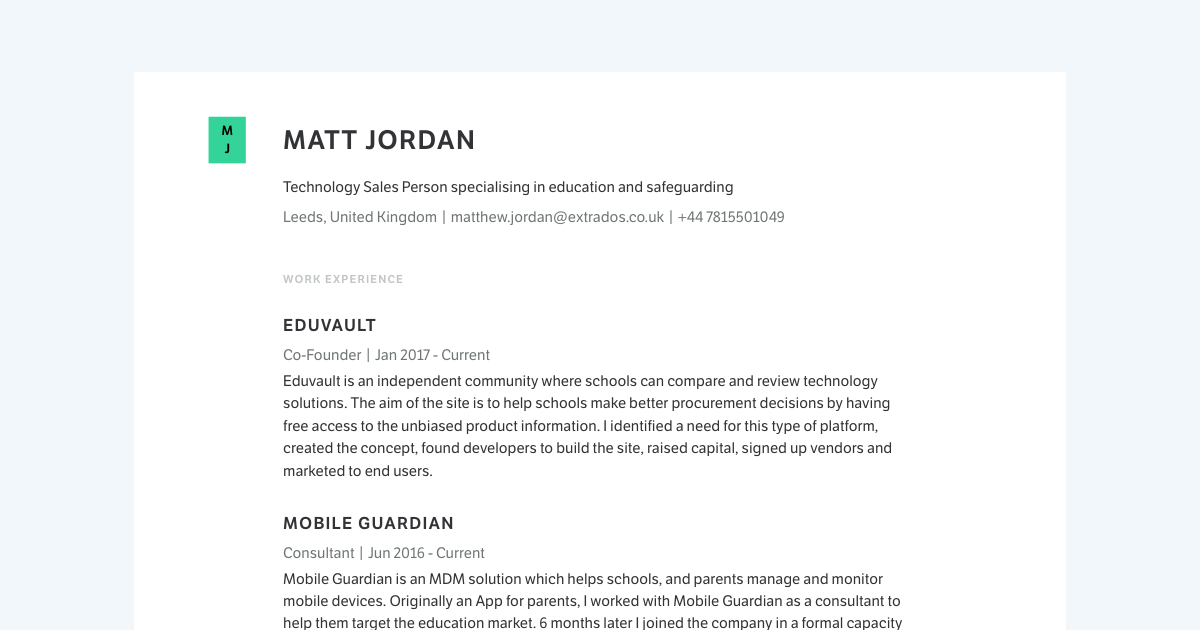 Technology Sales Manager resume template sample made with Standard Resume