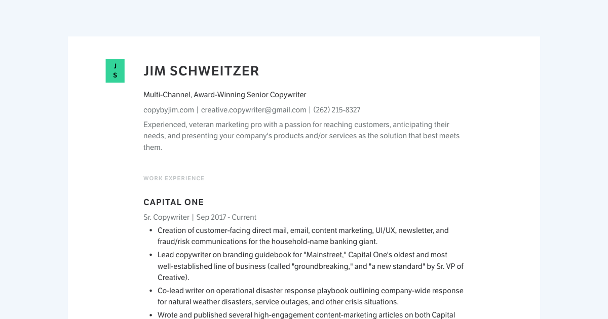 Senior Copywriter resume template sample made with Standard Resume