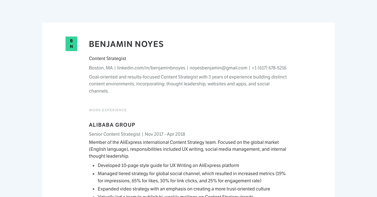 Content Strategist resume template sample made with Standard Resume