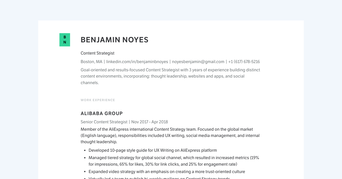 Content Strategist resume template sample made with Standard Resume