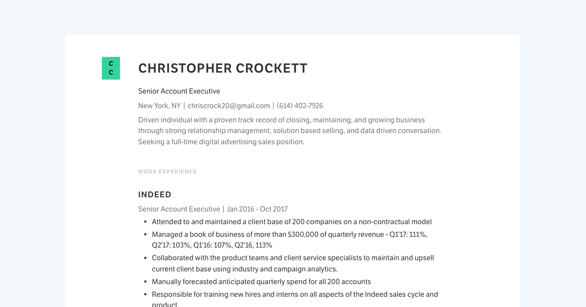 Senior Account Executive resume template sample made with Standard Resume