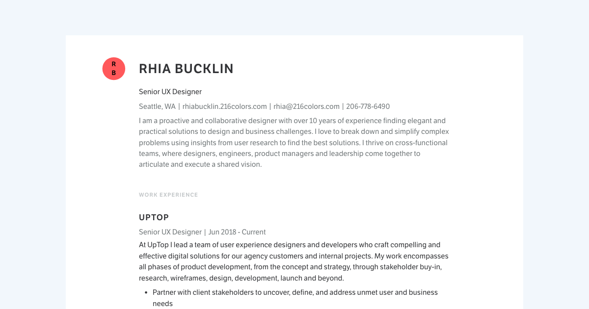 Senior UX Designer resume template sample made with Standard Resume