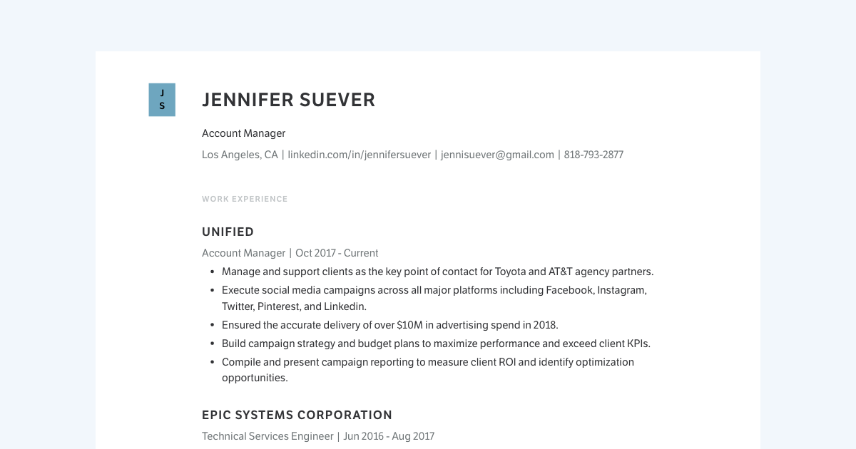 Account Manager resume template sample made with Standard Resume