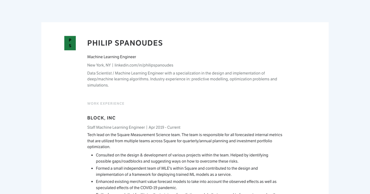 Machine Learning Engineer resume template sample made with Standard Resume