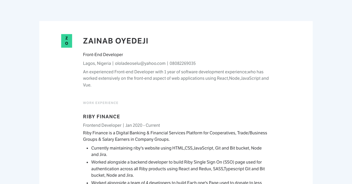 Front-End Developer resume template sample made with Standard Resume