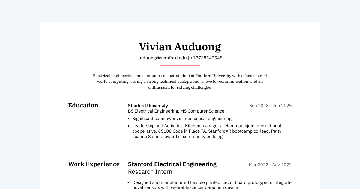 ME + CS Student at Stanford resume template sample made with Standard Resume