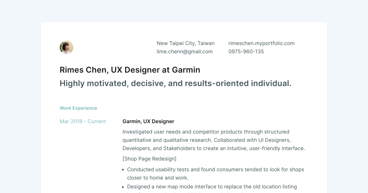 UX Designer resume template sample made with Standard Resume