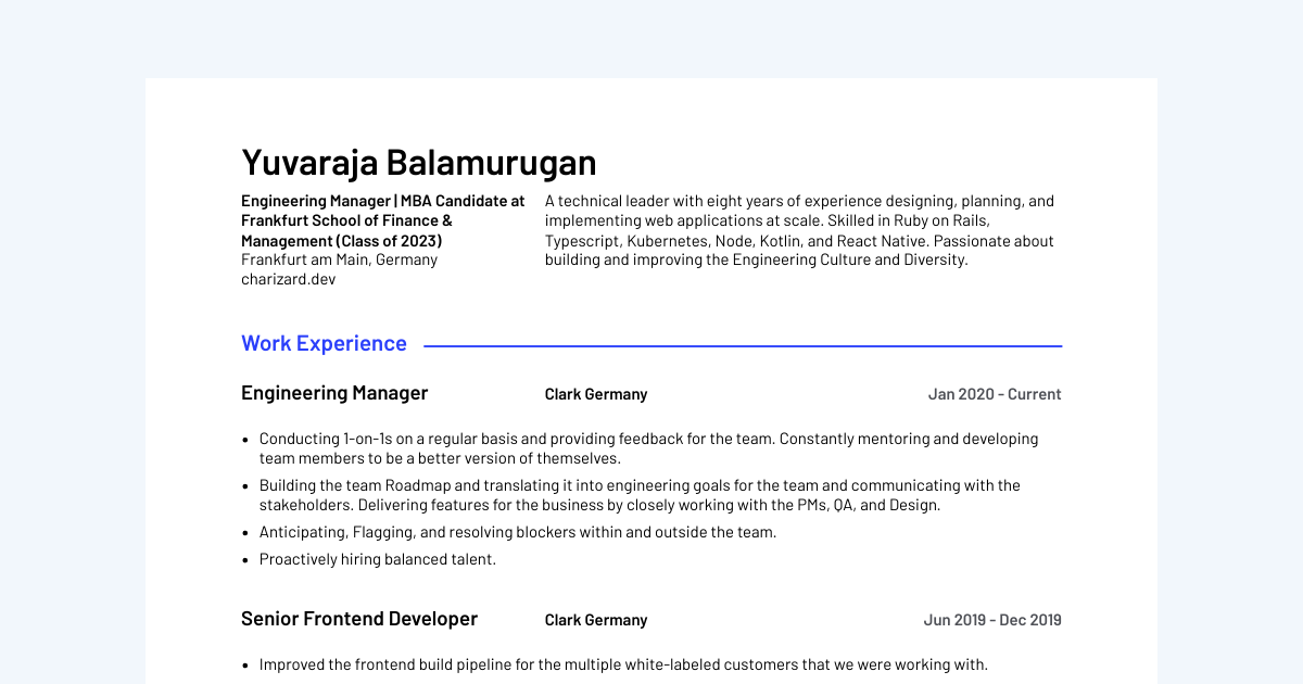 Engineering Manager resume template sample made with Standard Resume