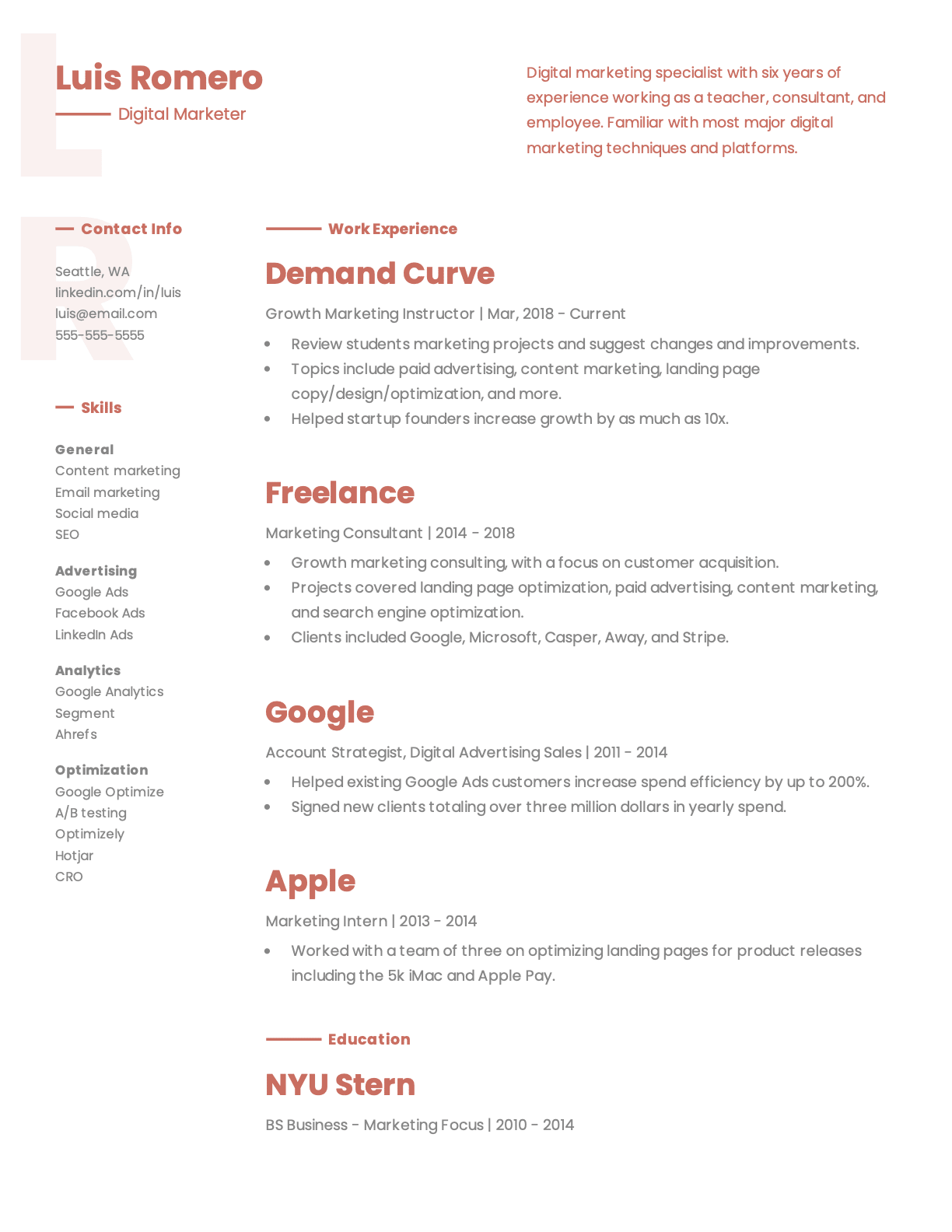 Digital marketer resume template sample