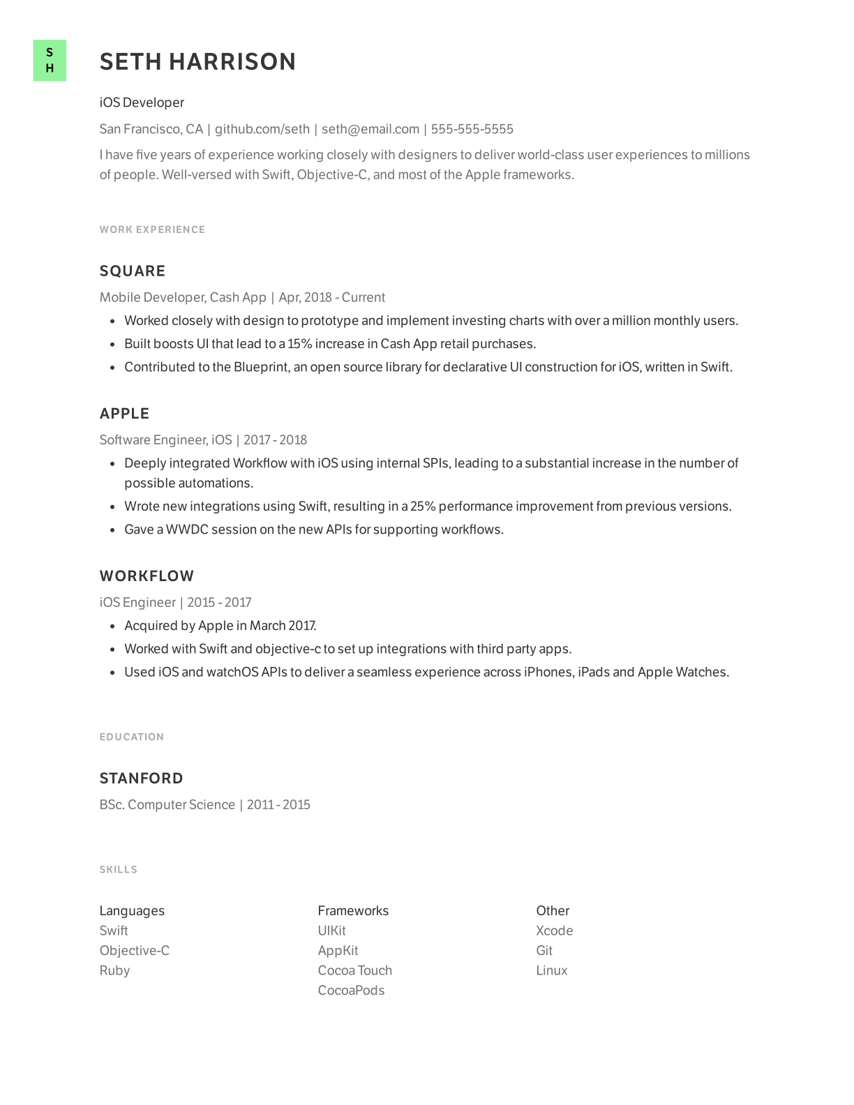 iOS Developer resume template example