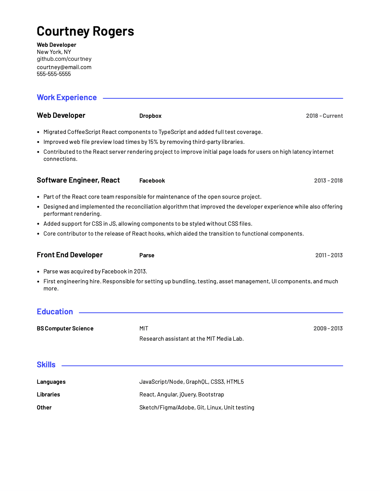 Web developer resume template example