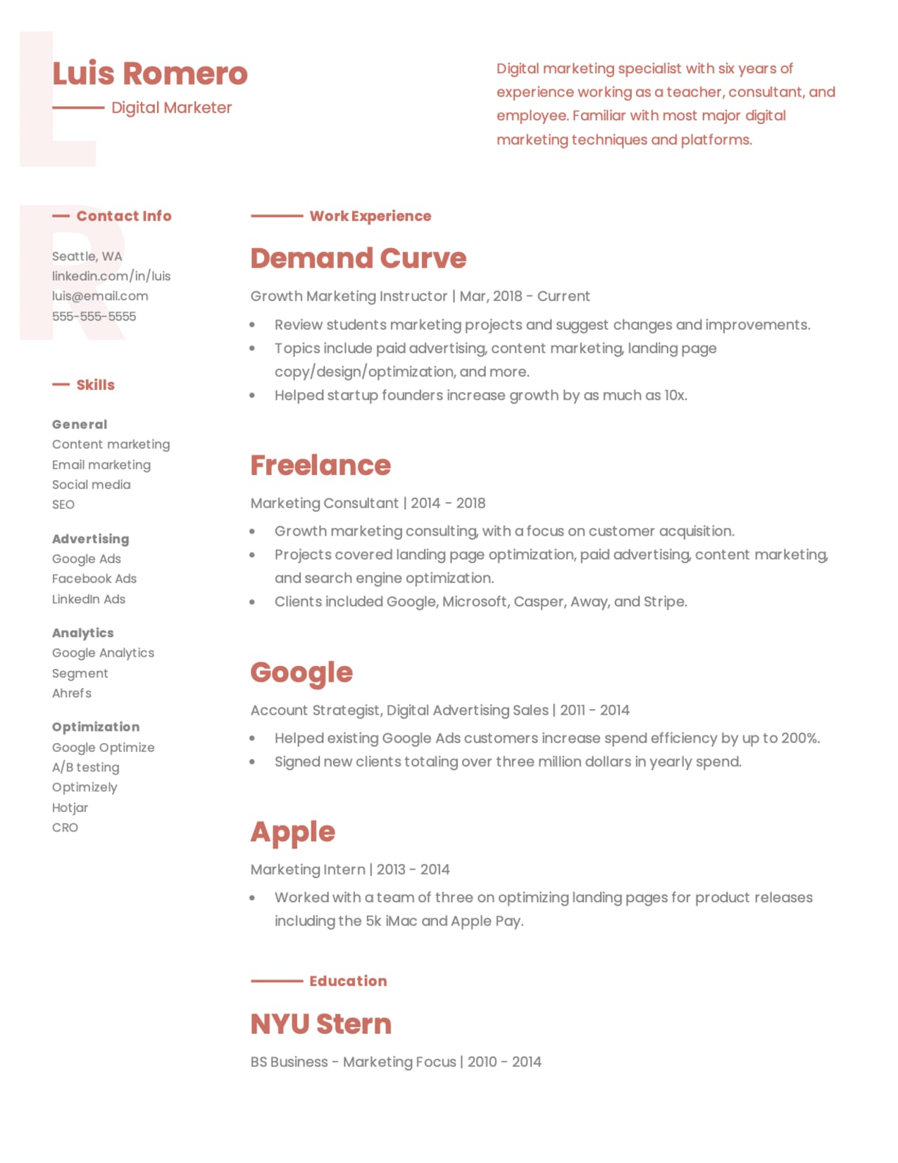 Modern Digital Marketer resume sample.