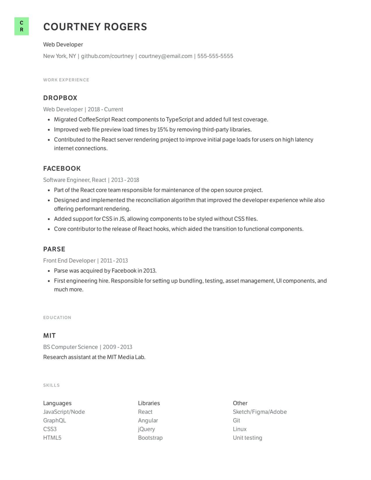 Modern Web Developer resume template example.