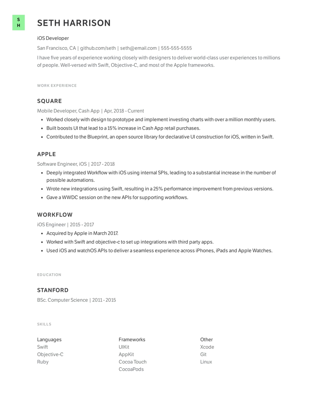 Professional iOS Developer resume template example.