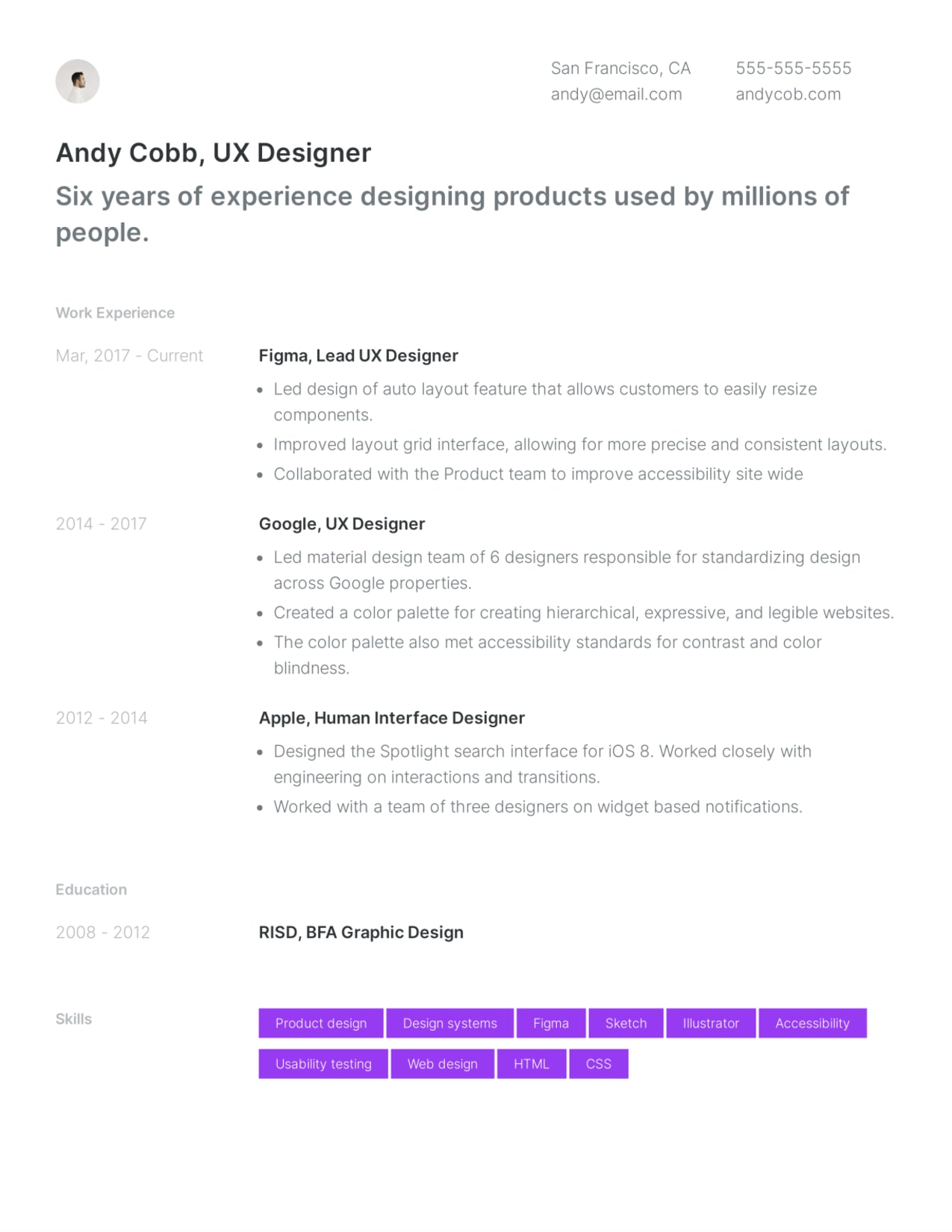 Simple UX Designer resume template example.