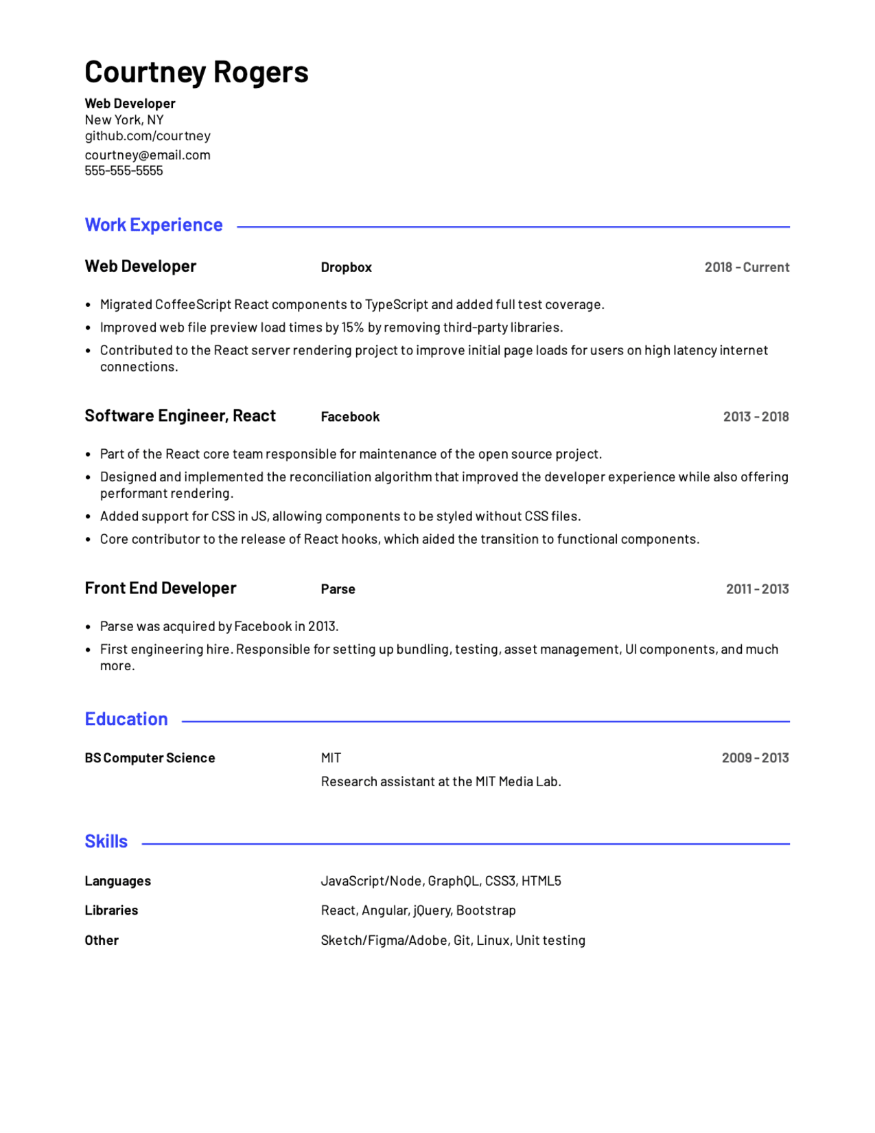 Simple Web Developer resume sample.