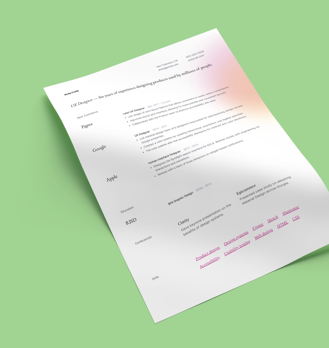 Cordova creative resume template created with Standard Resume builder.