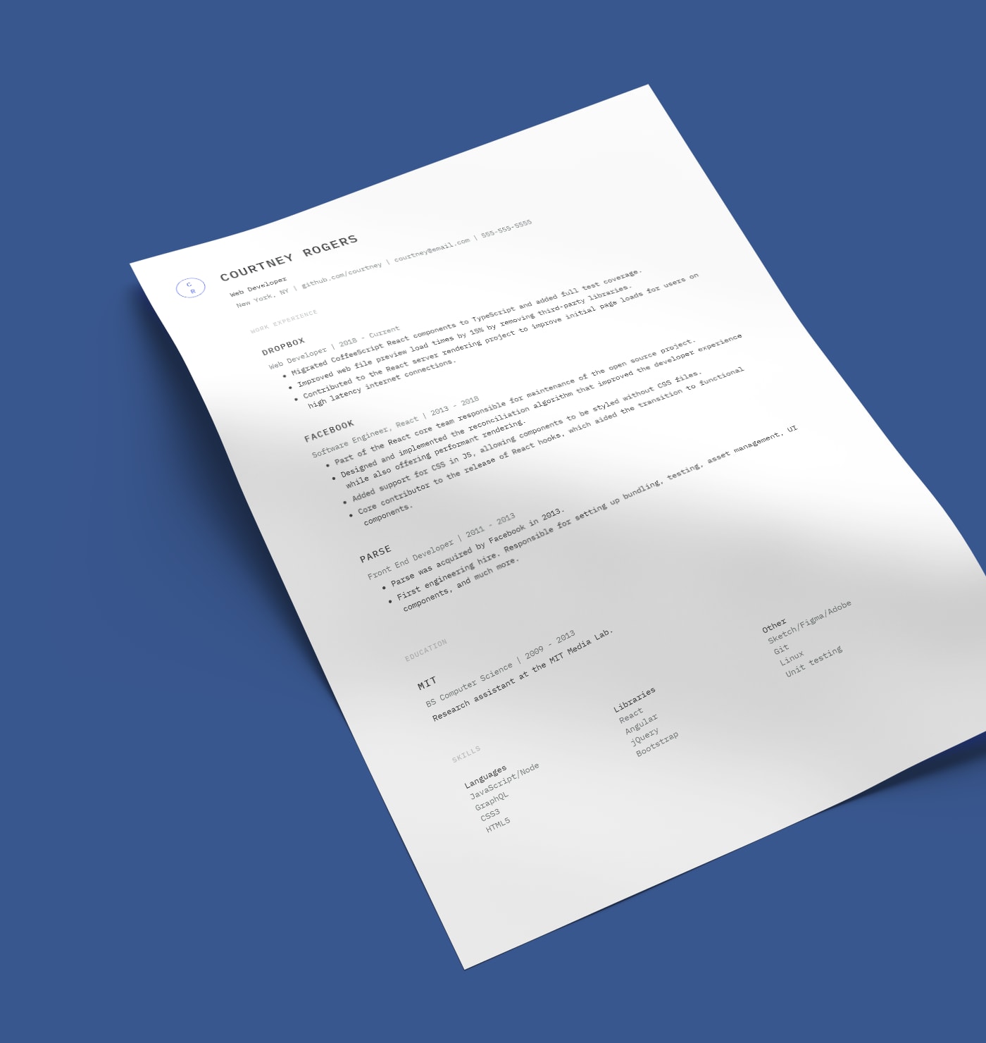 Keefer simple resume template created with Standard Resume builder.