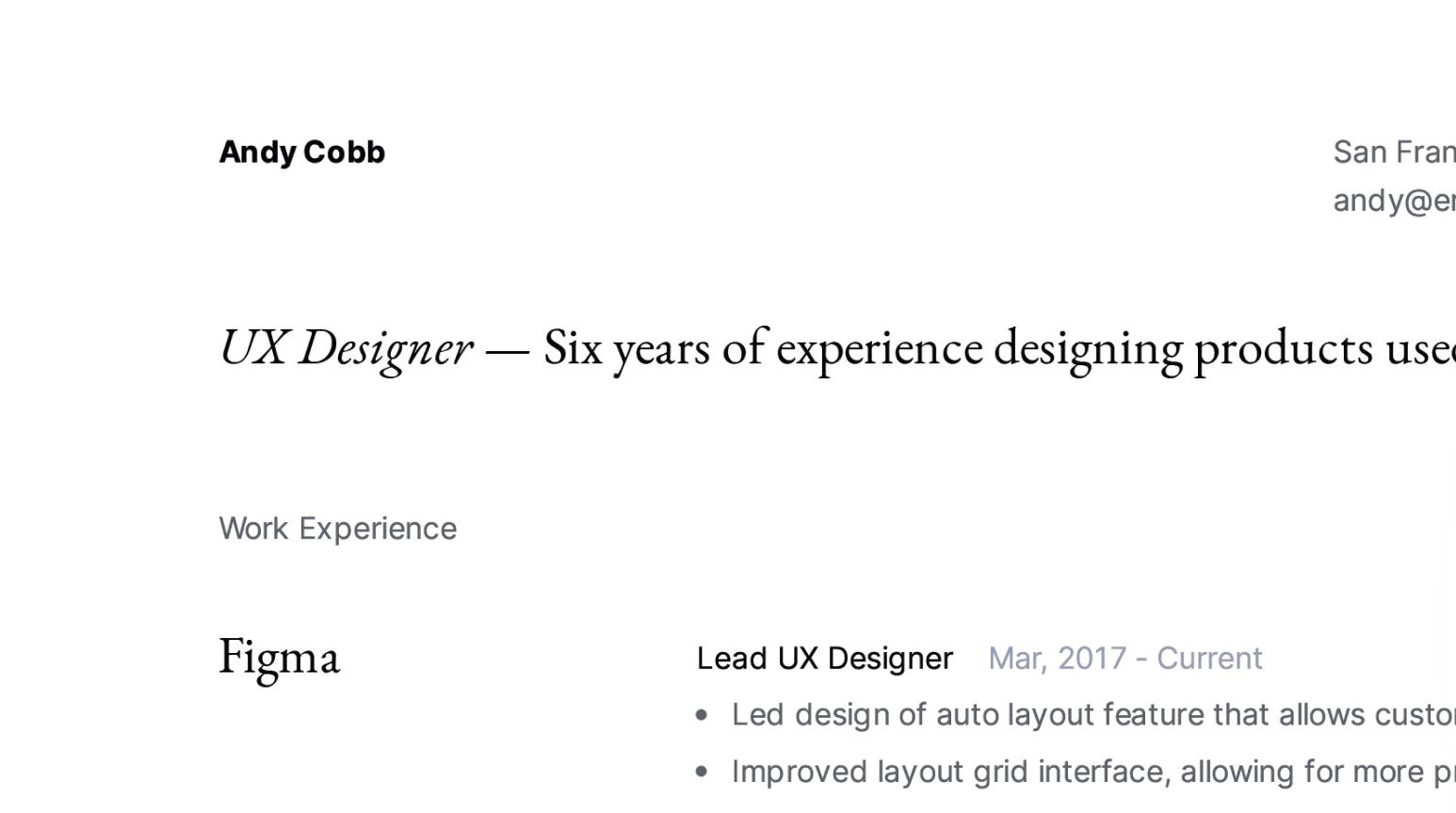 Design details of modern UX Designer resume sample.
